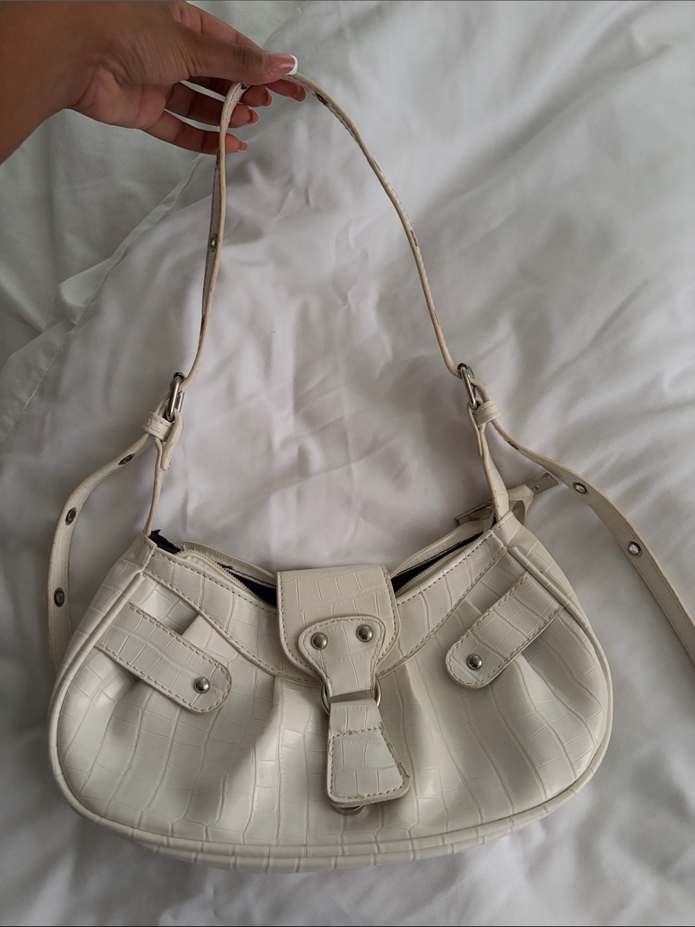 Cream Croc-Texture Shoulder Bag - Unbranded